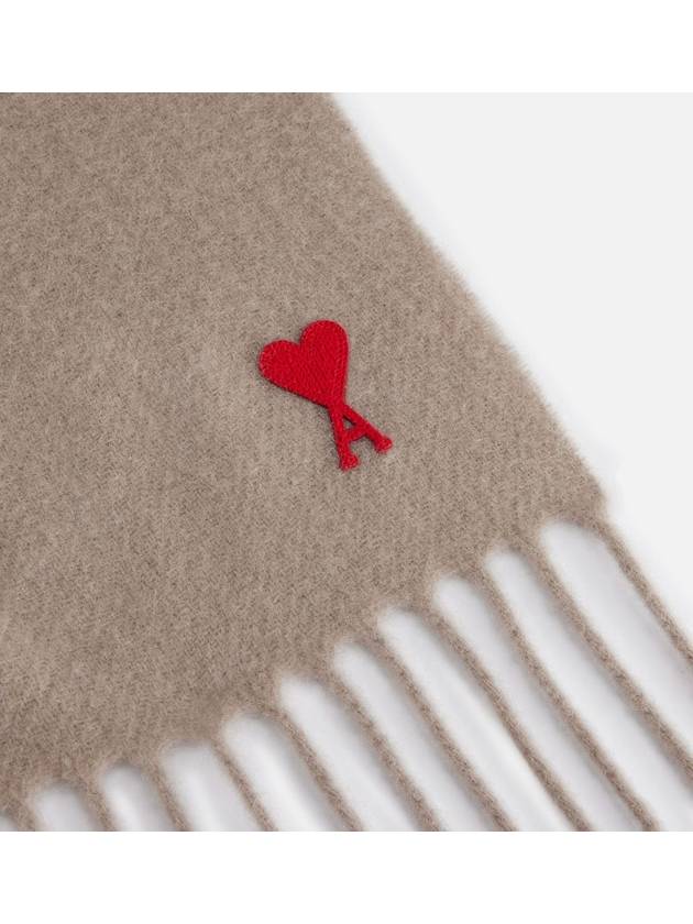 Small Heart Logo Classic Wool Fringe Scarf Beige - AMI - BALAAN 8