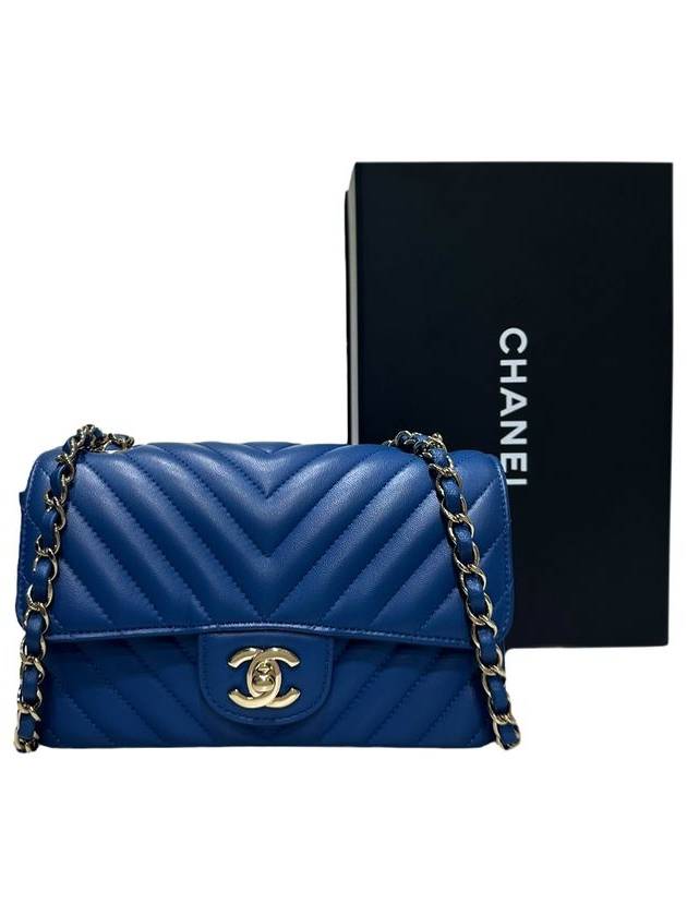 A69900 Blue Lambskin New Mini Chevron Gold Chain Cross Bag - CHANEL - BALAAN 10