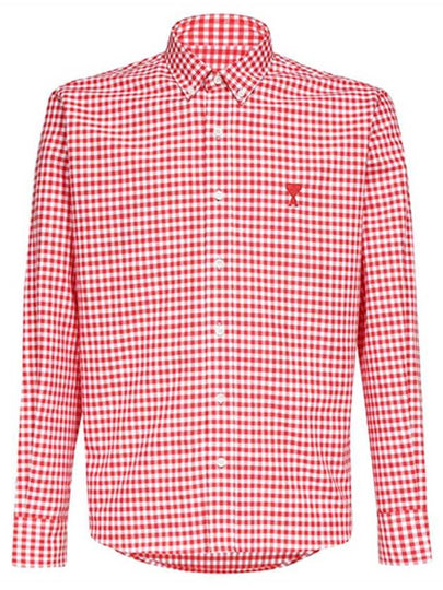 Small Heart Logo Gingham Button Long Sleeves Shirt Red - AMI - BALAAN 2