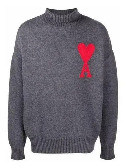 Big Heart Logo Wool Knit Turtleneck Grey - AMI - BALAAN 2