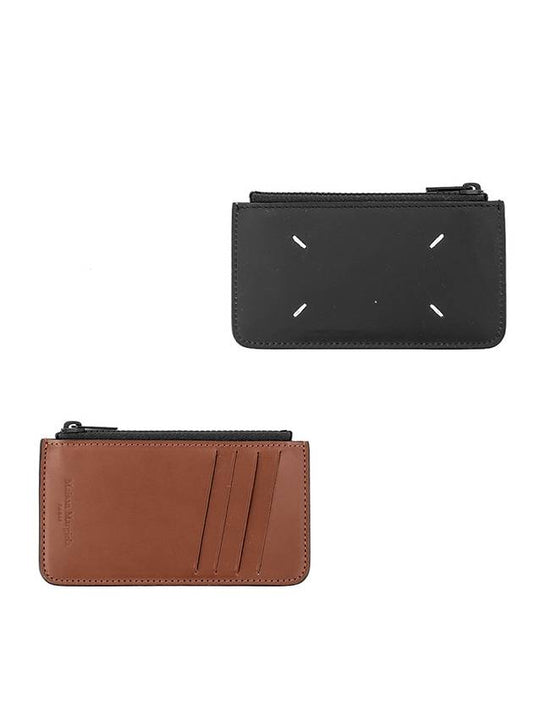 Stitched Two Tone Leather Zipper Card Wallet Black Brown - MAISON MARGIELA - BALAAN 1