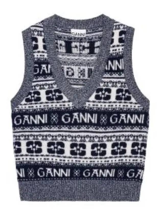 Logo Wool Mix Vest Knit Top Sky Captain - GANNI - BALAAN 2