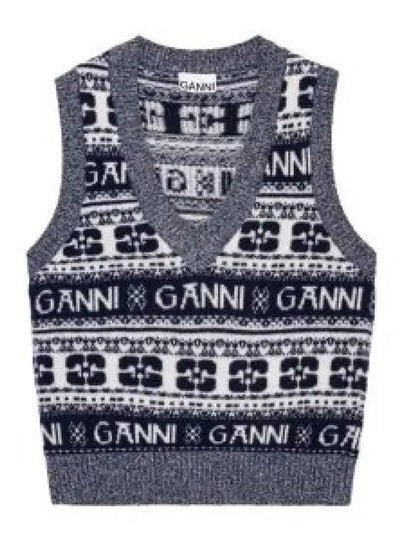 Logo Wool Mix Vest Knit Top Sky Captain - GANNI - BALAAN 2