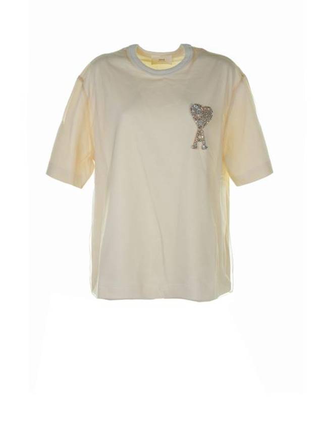 De Coeur Crystal Embroidered Short Sleeve T-Shirt Champagne - AMI - BALAAN 1