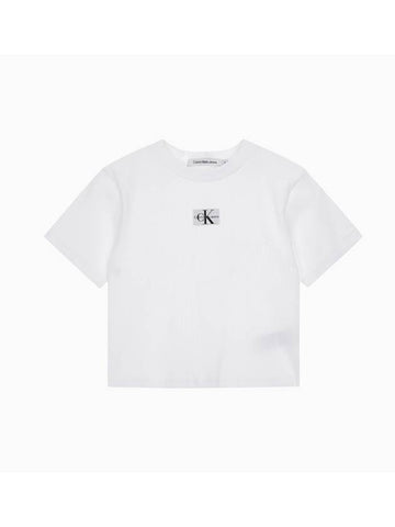 JEANS Women s White Logo Badge Cropped Short Sleeve T Shirt J221595 YAF - CALVIN KLEIN - BALAAN 1