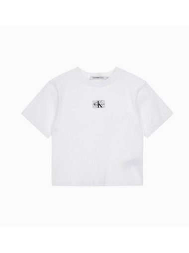 JEANS Women s White Logo Badge Cropped Short Sleeve T Shirt J221595 YAF - CALVIN KLEIN - BALAAN 1