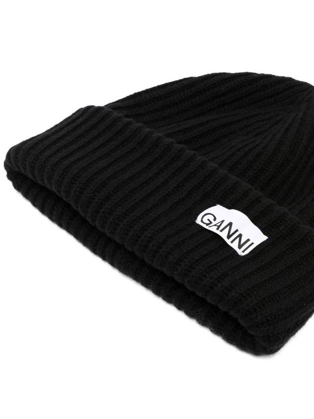 Logo Patch Wool Beanie Black - GANNI - BALAAN 4