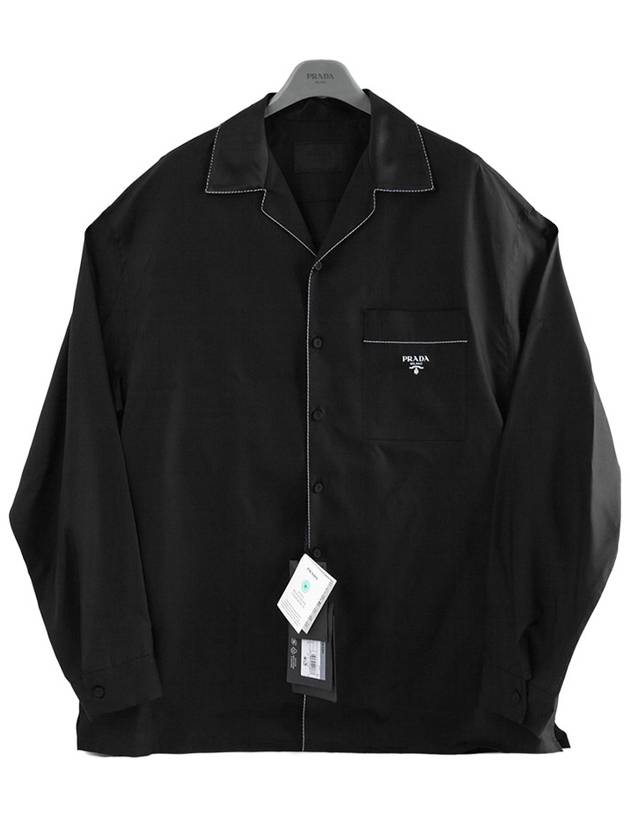 Embroidered Logo Pocket Silk Long Sleeve Shirt Black - PRADA - BALAAN 5