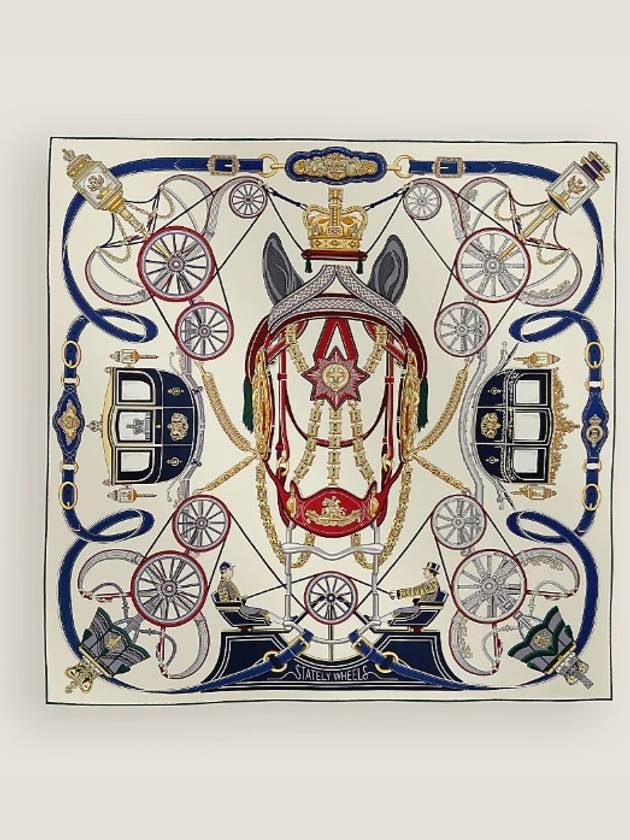 Stately Wheels Silk  90 Scarf Creme Bordeaux Blue - HERMES - BALAAN 6