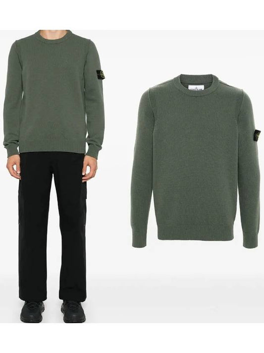 Logo Patch Lambswool Crewneck Knit Top Green - STONE ISLAND - BALAAN 2