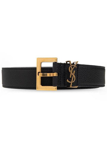 Cassandre Belt with Square Buckle in Grained Leather Black - SAINT LAURENT - BALAAN 1