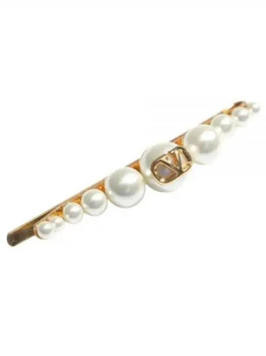 V Logo Signature Pearl Hair Clip Gold - VALENTINO - BALAAN 1