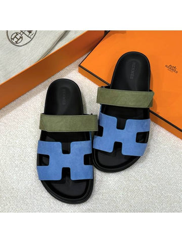 Women's Chypre Sandals Suede Goatskin Blue Khaki - HERMES - BALAAN 1