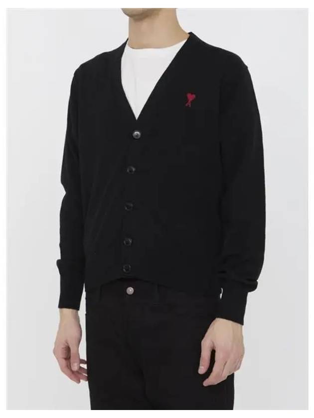 Red Heart Logo Merino Wool Cardigan Black - AMI - BALAAN 6