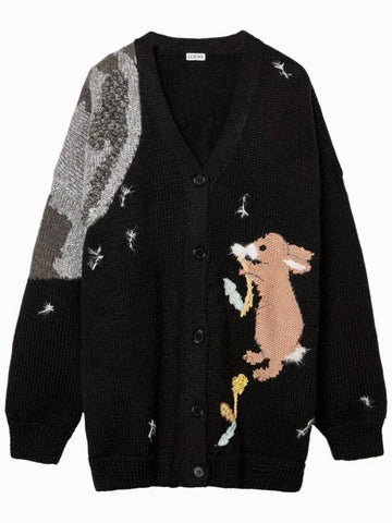 Bunny Intarsia V-Neck Wool Cardigan Black - LOEWE - BALAAN 1