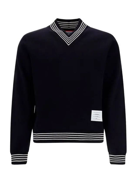 Loop Milano V Neck Wool Knit Top Navy - THOM BROWNE - BALAAN 1