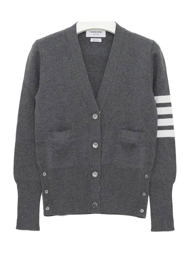 Milano Stitch 4 Bar Classic V Neck Fine Merino Wool Cardigan Medium Grey - THOM BROWNE - BALAAN 3