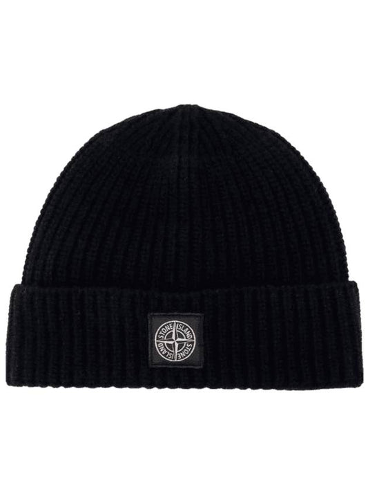 Logo Knit Beanie Black - STONE ISLAND - BALAAN 1