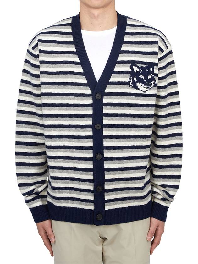 Fox Head Intarsia Striped Comfort Cardigan Navy White - MAISON KITSUNE - BALAAN 2