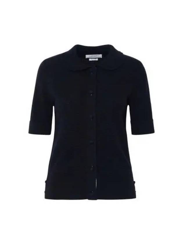 Button Up Merino Wool Short Sleeve Polo Knit Top Navy - THOM BROWNE - BALAAN 2