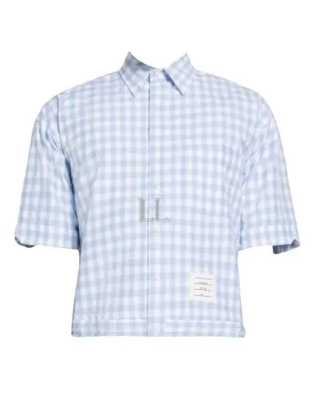 Gingham Poplin Drawstring Hem Short Sleeve Shirt Light Blue - THOM BROWNE - BALAAN 2