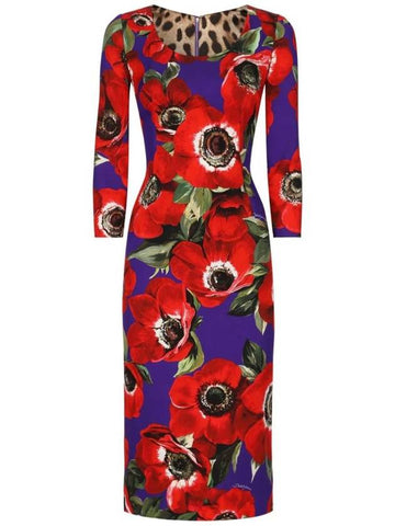 Poppy Print Round Neck Midi Dress F6AWGTFSA55 - DOLCE&GABBANA - BALAAN 1