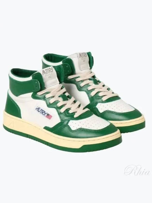 Men's Two-Tone Medalist Leather Mid Sneakers White Green - AUTRY - BALAAN 2
