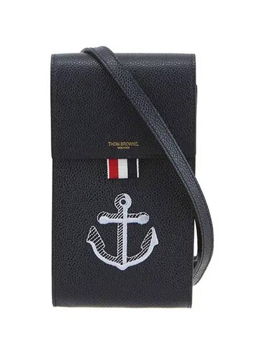 Anchor Pebble Grain Leather Phone Holder Cross Bag Navy - THOM BROWNE - BALAAN 1