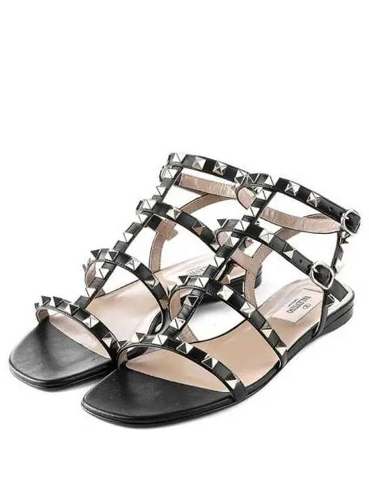 Women's Rockstud Strap Flat Sandals Black - VALENTINO - BALAAN 2