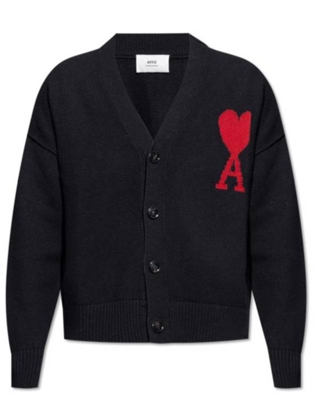 Heart Logo V Neck Wool Cardigan Black - AMI - BALAAN 2