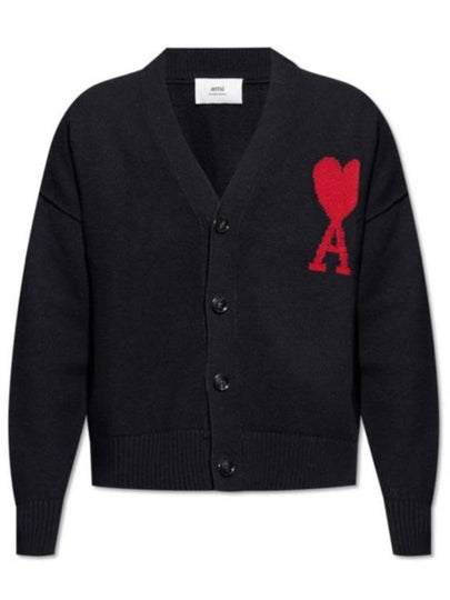 Heart Logo V Neck Wool Cardigan Black - AMI - BALAAN 2