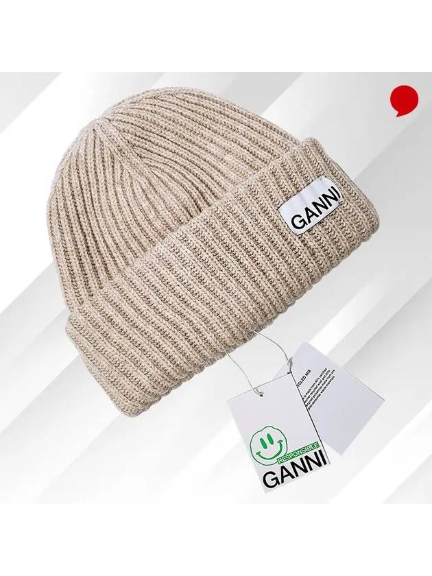 Logo Patch Knit Beanie Sand - GANNI - BALAAN 9