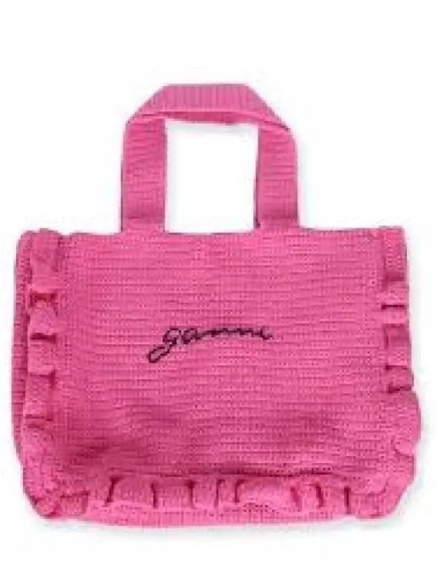 Women's Crochet Ruffle Embroidered Logo Cotton Tote Bag Shocking Pink - GANNI - BALAAN 2