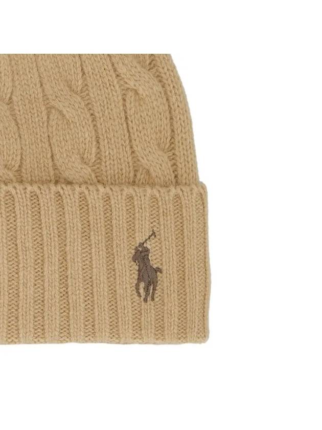 Embroidered Logo Cable Knit Beanie Camel - POLO RALPH LAUREN - BALAAN 5