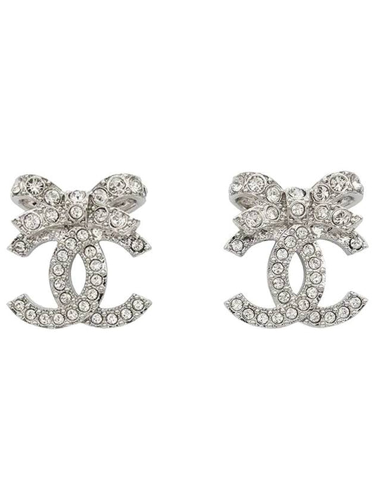 CC Logo Ribbon Metal Diamantes Crystal Earrings Silver - CHANEL - BALAAN 1