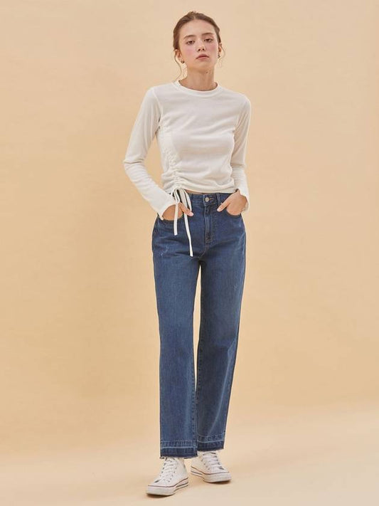 RYUL+WAI: High Waist Straight Blocking Denim Pants Indigo - RYUL+WAI: - BALAAN 2