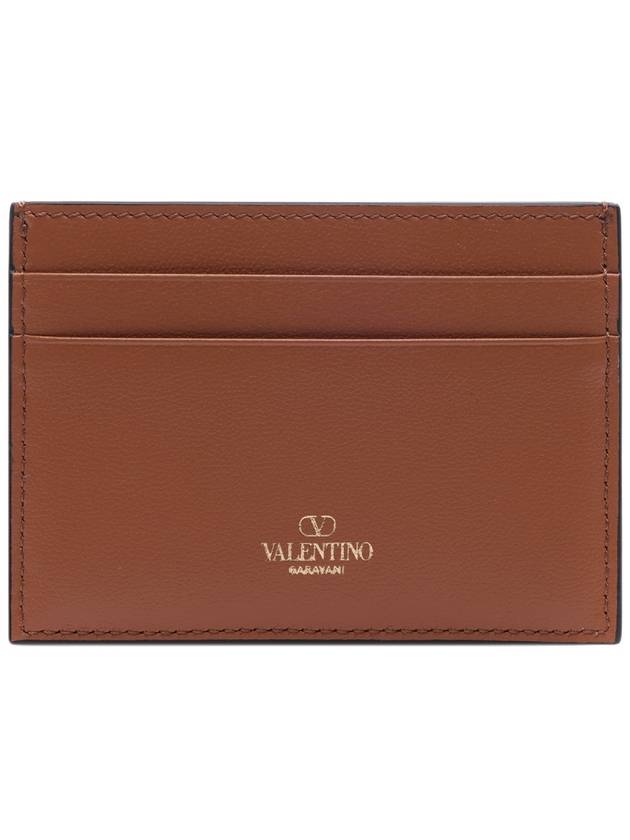 V Logo Signature Leather Card Wallet Brown - VALENTINO - BALAAN 5