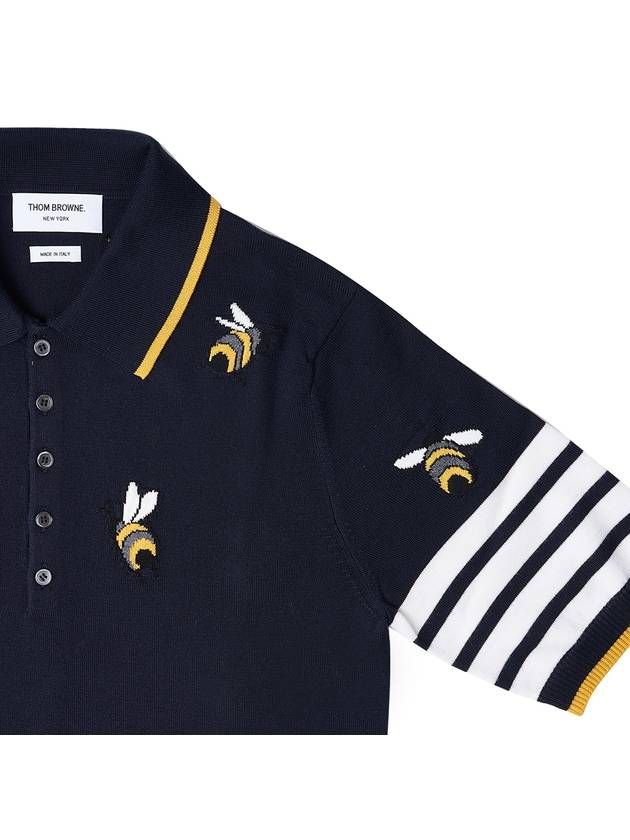 Men's Bird Bee Half Drop 4 Bar Merino Cotton Short Sleeve Polo Shirt Navy - THOM BROWNE - BALAAN 5