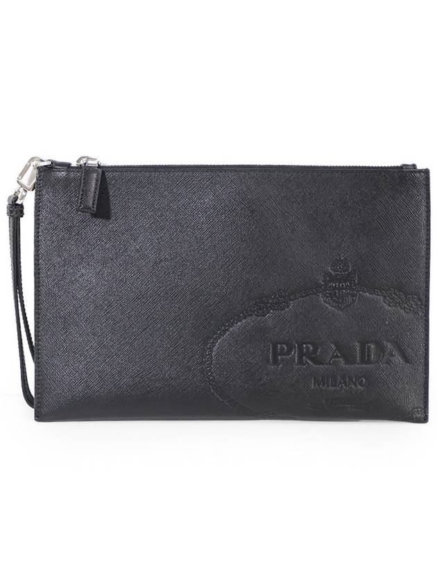 Prada 2NH005 2MB8 Black Saffiano Leather Engraved Logo Strap Clutch - PRADA - BALAAN 2