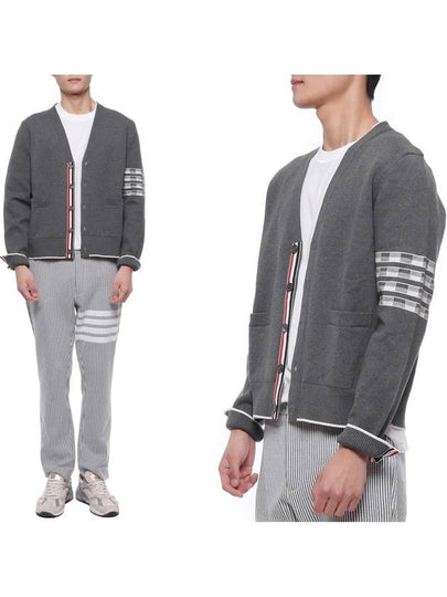 4-Bar V-Neck Hector Jacquard Cotton Cardigan Grey - THOM BROWNE - BALAAN 2