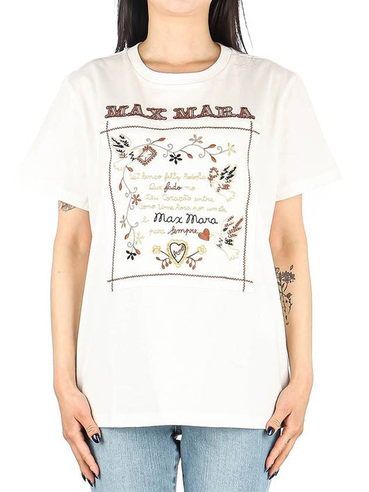 Women's Embroidered Cotton Short Sleeve T-Shirt Ivory - MAX MARA - BALAAN 2