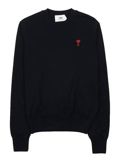 Heart Embroidered Logo Crew Neck Knit Top Black - AMI - BALAAN 2