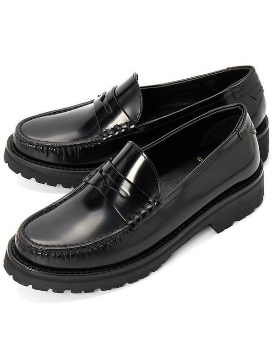 Women's Chunky Penny Slippers Smooth Leather Loafers Black - SAINT LAURENT - BALAAN.