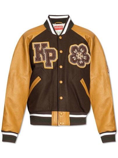 Boke Flower Leather Patch Varsity Jacket Dark Brown - KENZO - BALAAN 2