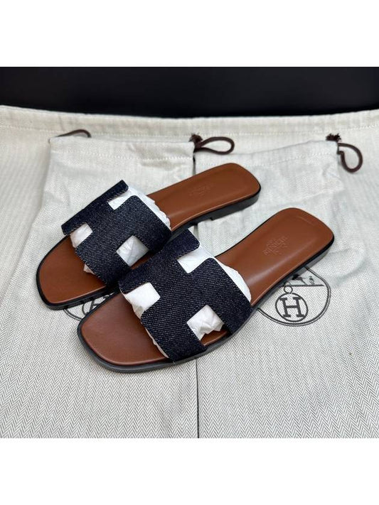 Oran Denim Leather Sandals Dark Blue - HERMES - BALAAN 2