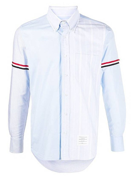 Men's Poplin Grosgrain Armband Striped Long Sleeve Shirt Blue - THOM BROWNE - BALAAN.