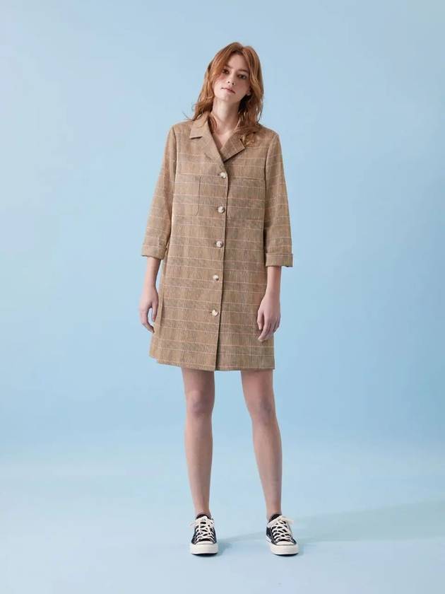 Check Linen Long Jacket Short Dress Brown - VOYONN - BALAAN 6