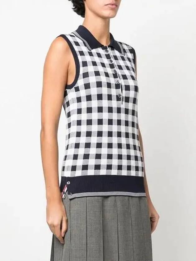 Gingham Silk Jacquard 4 Bar Polo Sleeveless Cardigan Navy - THOM BROWNE - BALAAN 5