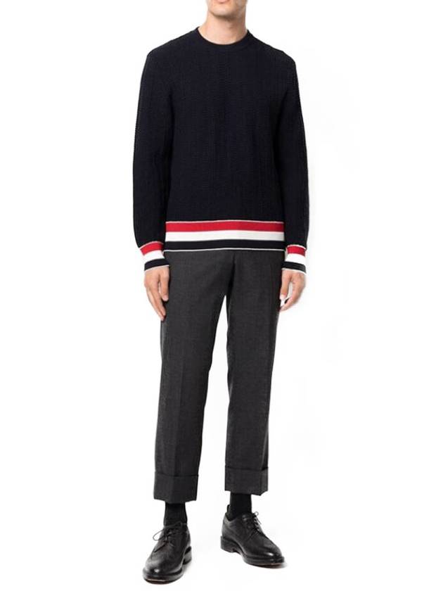 Men's Textured Crew Neck Knit Top Navy - THOM BROWNE - BALAAN 6