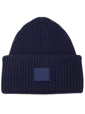 Face Patch Ribbed Wool Beanie Navy - ACNE STUDIOS - BALAAN.